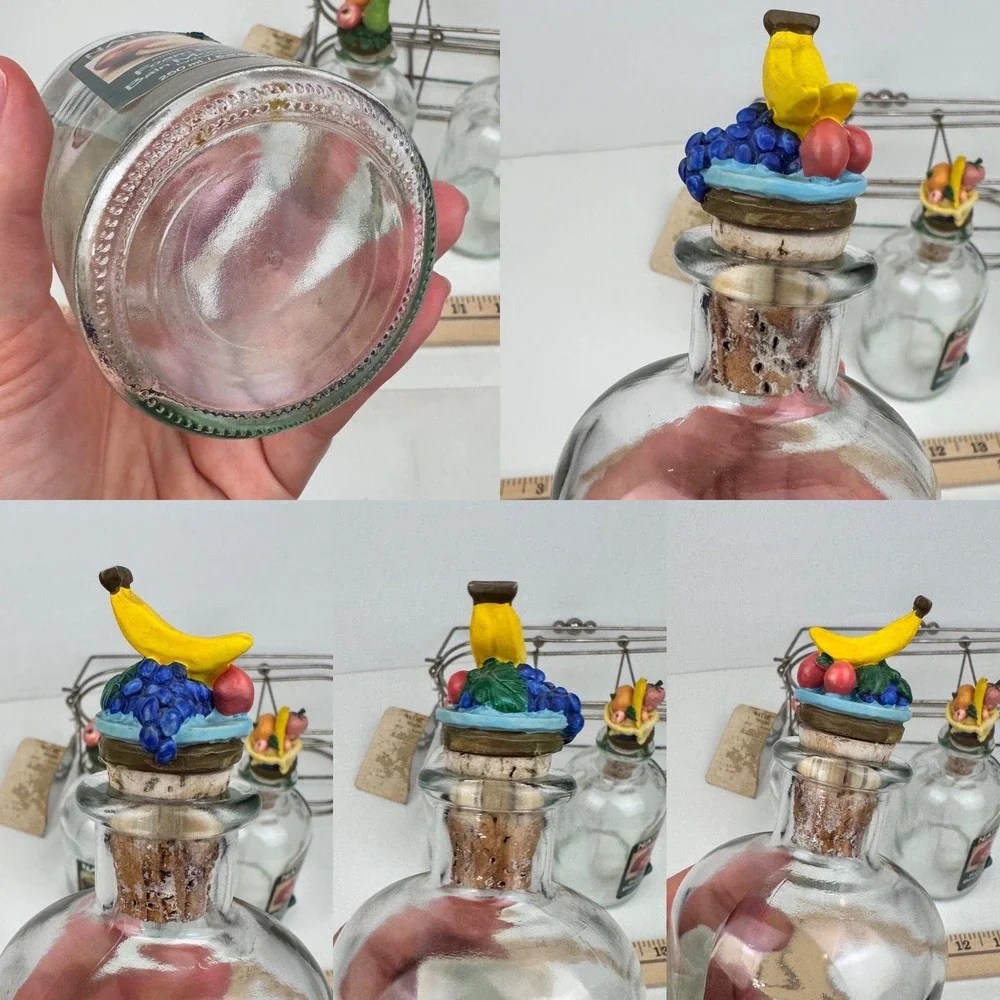 Vtg Natur 90s EMPTY Glass Bottles w Cork Fruit 3D Lid w Metal Carrier Foam Bath